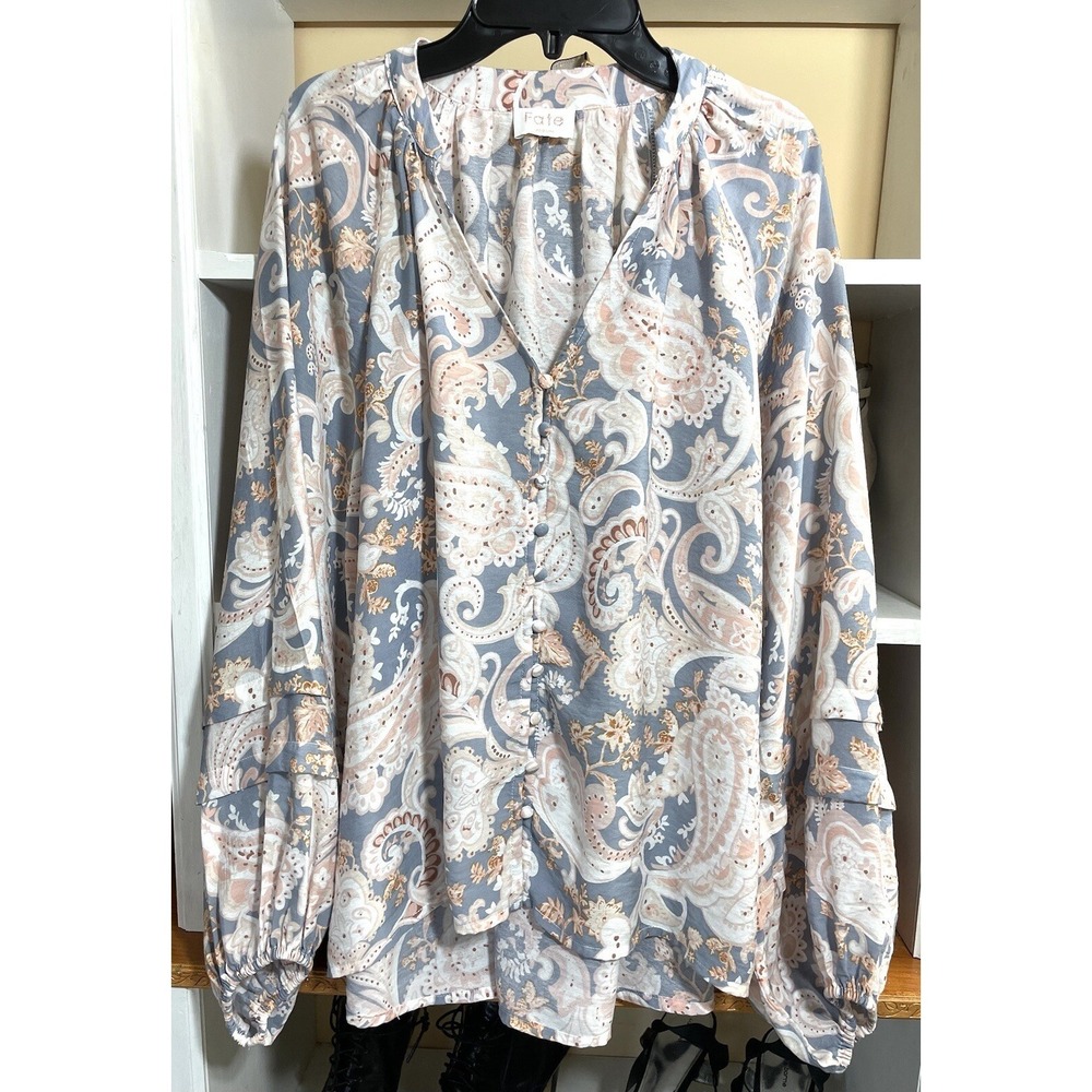 FATE Button Up Puff Sleeve Blouse Medium Paisley Boho Tunic